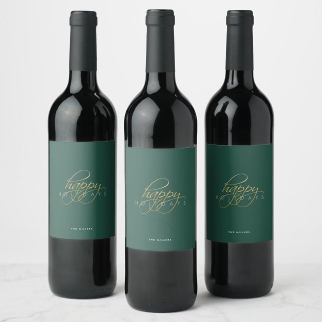 Green Elegant Happy Holidays Christmas Wine Label (Bottles)