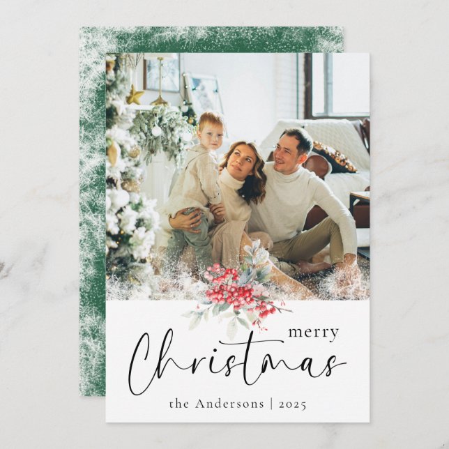 Green Elegant Merry Christmas Script Family Photo Holiday Card (Front/Back)