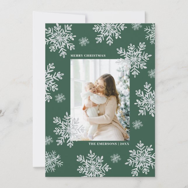 Green Elegant Merry Christmas Snowflake Card  (Front)