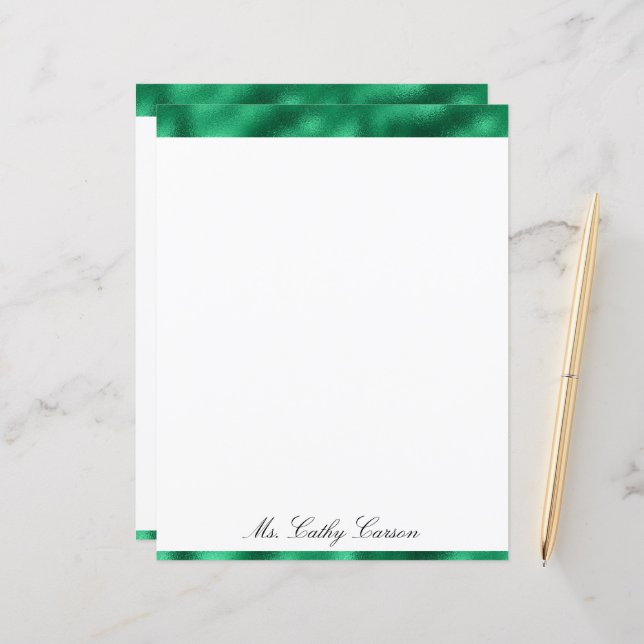 Green Elegant Metallic Satin Name Shiny Stationary (Front/Back In Situ)
