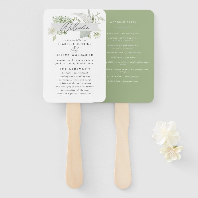 Green elegant modern botanical script wedding hand fan (Front and Back)