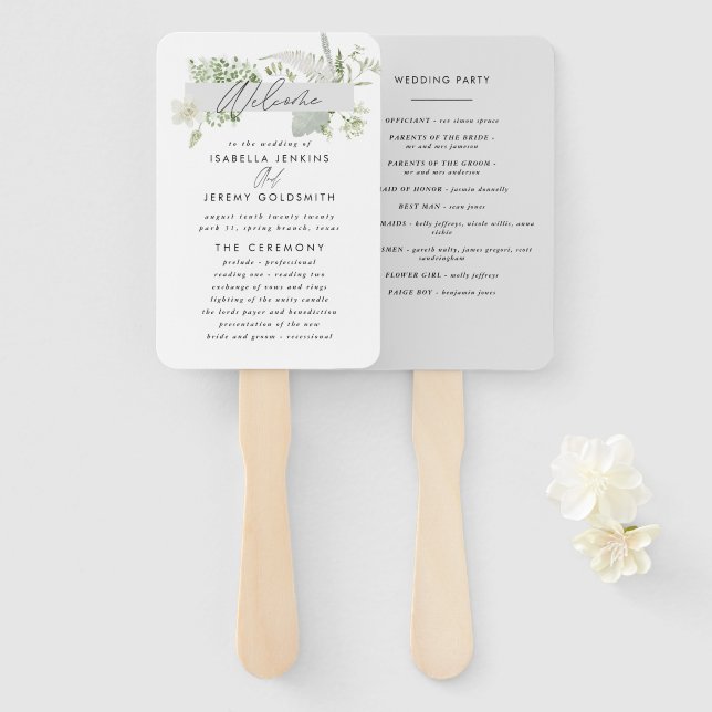 Green elegant modern botanical script wedding hand fan (Front and Back)