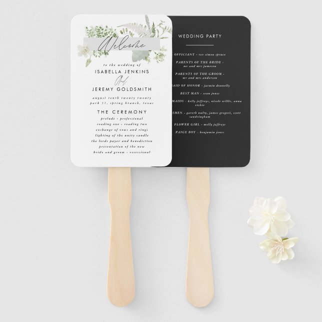 Green elegant modern botanical script wedding hand fan (Front and Back)