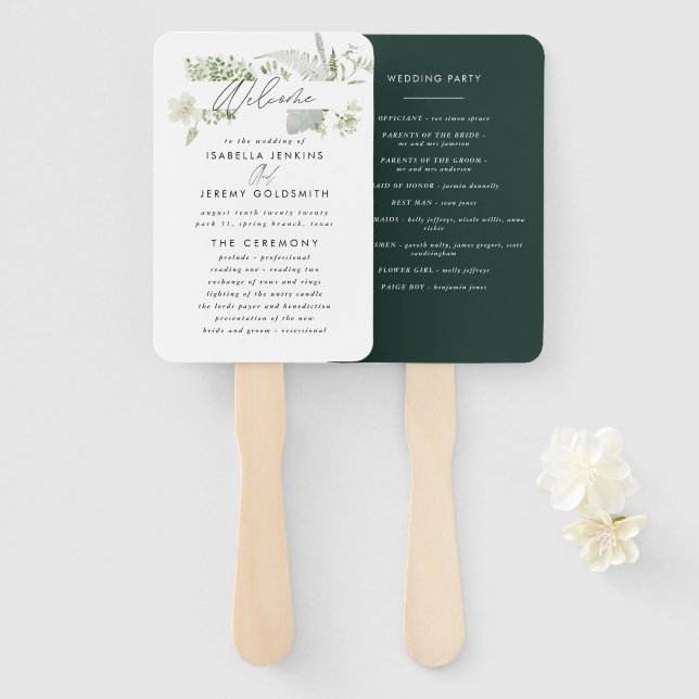 Green elegant modern botanical script wedding hand hand fan (Front and Back)