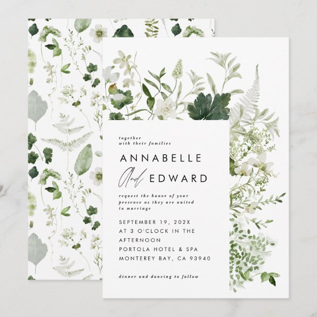 Green elegant modern botanical script wedding invi invitation (Front/Back)