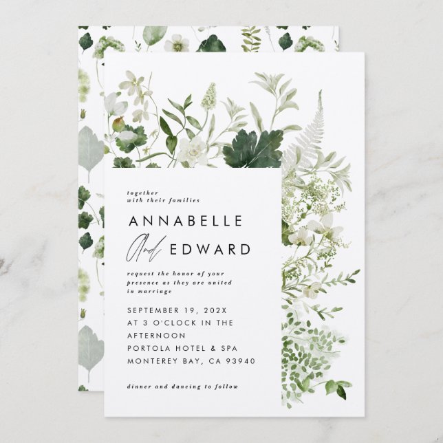 Green elegant modern botanical script wedding invitation (Front/Back)
