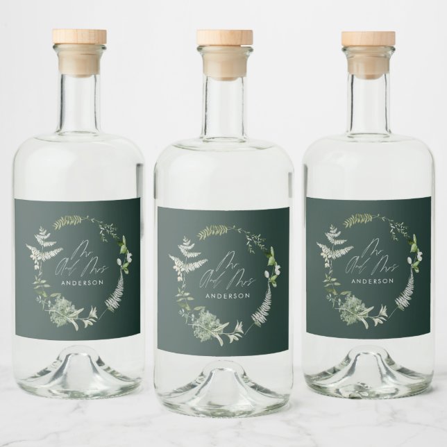 Green elegant modern botanical script wedding liquor bottle label (Bottles)