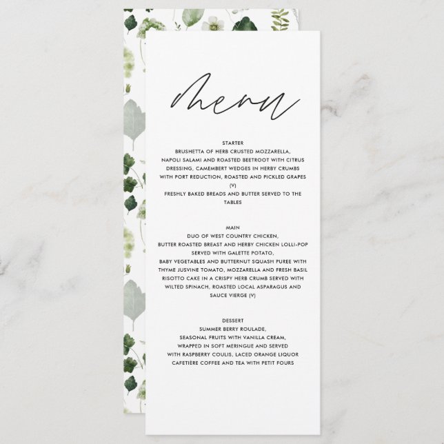 Green elegant modern botanical script wedding menu (Front/Back)