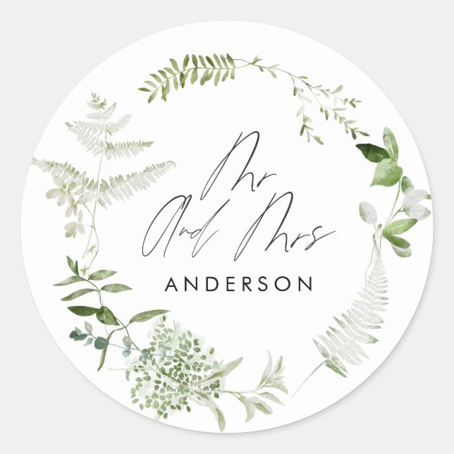 Green elegant modern botanical script wedding pape classic round sticker (Front)