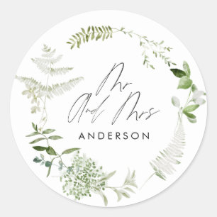 Green elegant modern botanical script wedding pape classic round sticker
