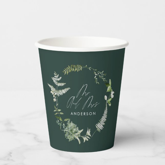 Green elegant modern botanical script wedding paper cups (Front)