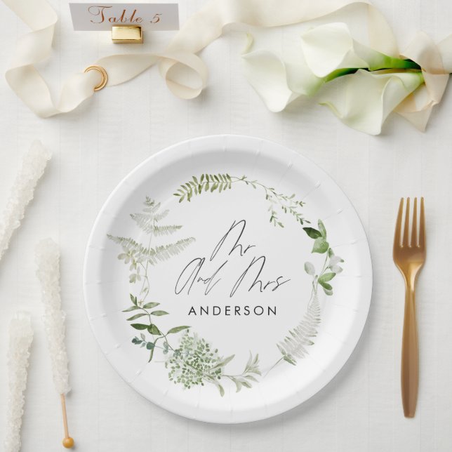 Green elegant modern botanical script wedding paper plate (Wedding)