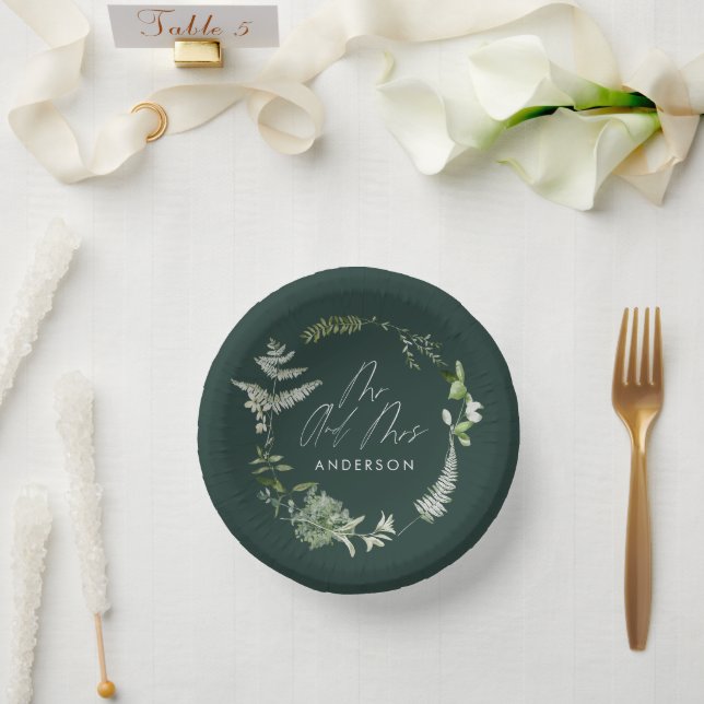 Green elegant modern botanical script wedding paper plate (Wedding)