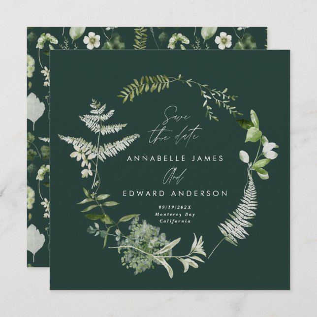 Green elegant modern botanical script wedding save the date (Front/Back)