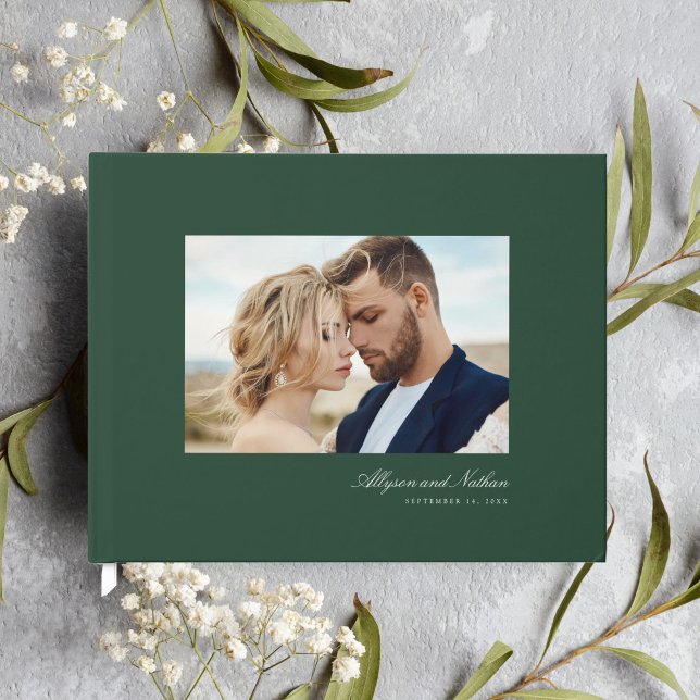 Green Elegant Modern Simple Script Photo Wedding Guest Book (Creator Uploaded)