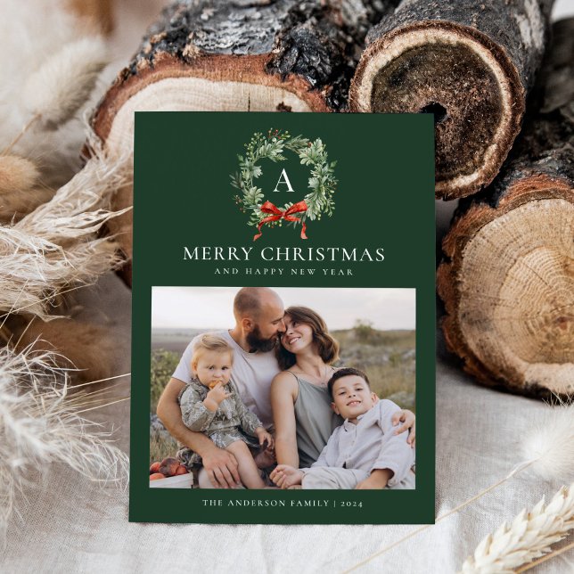 Green Elegant Monogram Wreath Christmas Two Photo Holiday Card (Creator Uploaded)