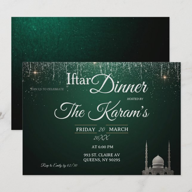 Green Elegant Mosque Ramadan Iftar Party  Invit Invitation (Front/Back)