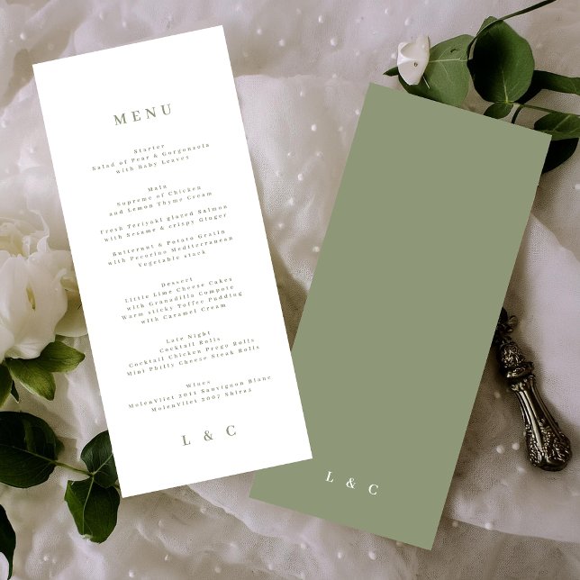Green Elegant Moss Simple Sage White Monogram Menu (Creator Uploaded)