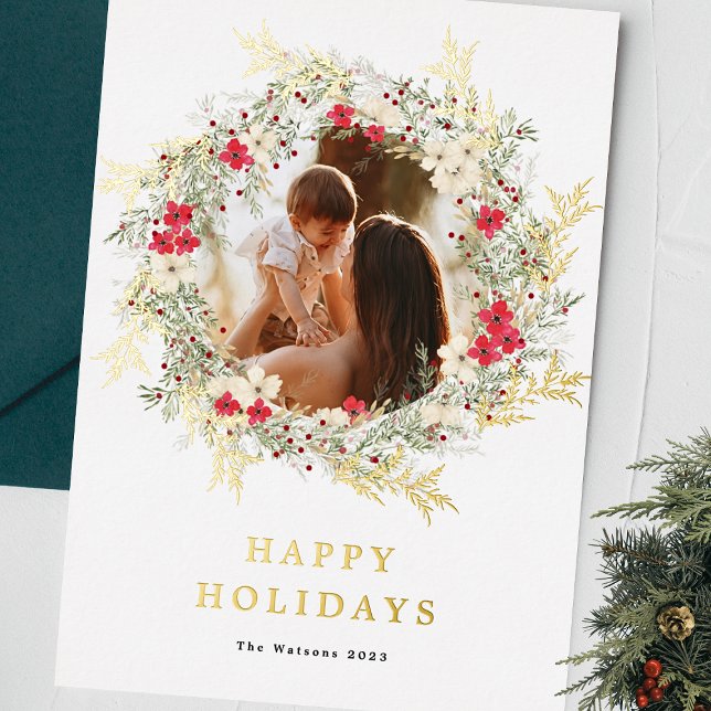 green elegant one photo merry christmas gold foil holiday card (Creator Uploaded)