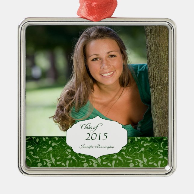Green elegant pattern graduation photo ornament (Front)
