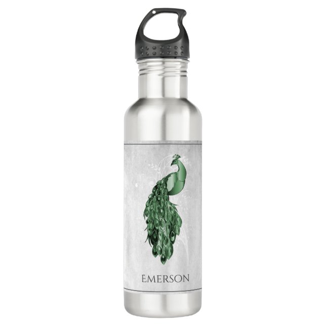 Green Elegant Peacock Personalised 710 Ml Water Bottle (Front)