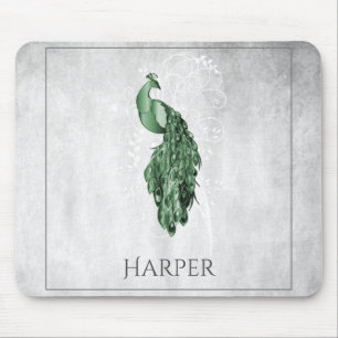 Green Elegant Peacock Personalised Mouse Pad