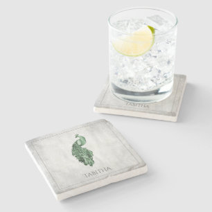 Green Elegant Peacock Personalised  Stone Coaster