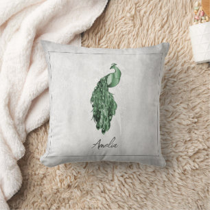 Green Elegant Peacock Throw Pillow