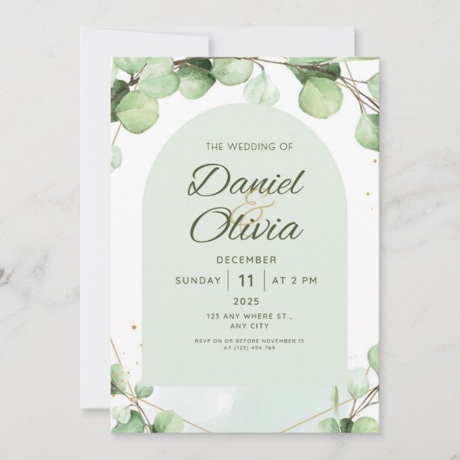 Green elegant rustic modern wedding   invitation (Front)
