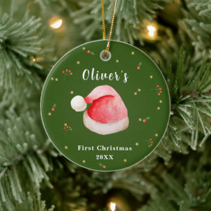 Green Elegant Santa Hat Baby's Frist Christmas Ceramic Tree Decoration