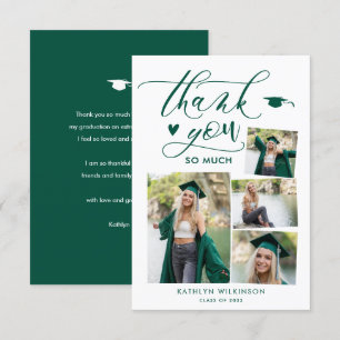 Green Elegant Script 4 Photo Collage Graduation Thank You Card