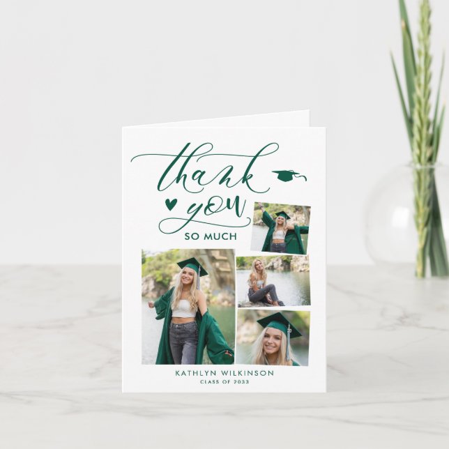 Green Elegant Script 4 Photo Collage Graduation Thank You Card (Front)