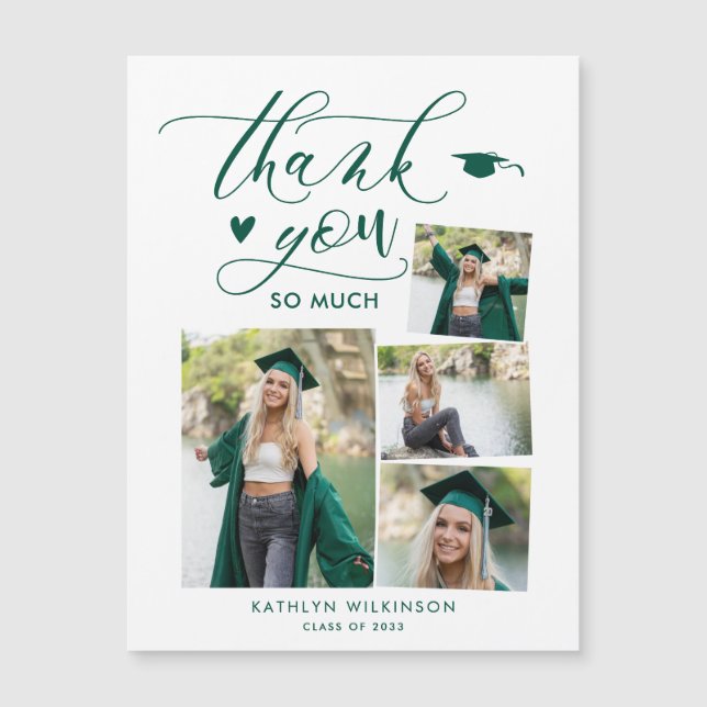 Green Elegant Script 4 Photo Graduation Thank You (Front)