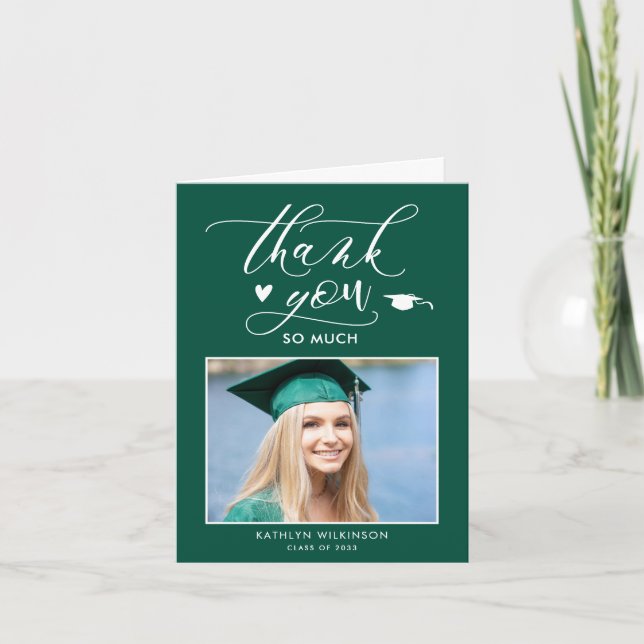 Green Elegant Script Minimalist Photo Graduation Thank You Card (Front)