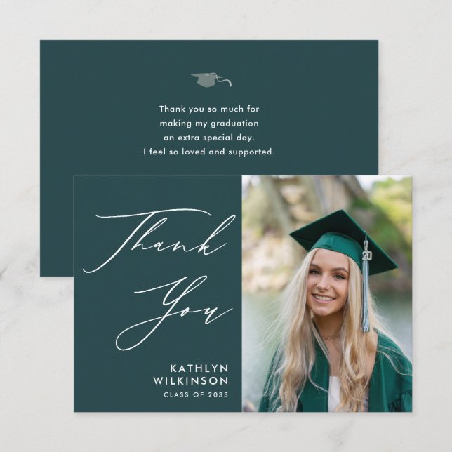Green Elegant Script Minimalist Photo Graduation Thank You Card (Front/Back)