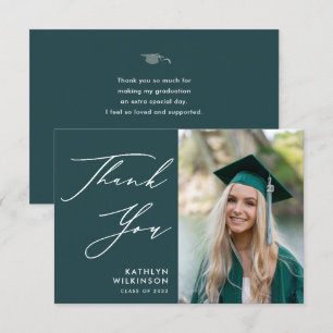 Green Elegant Script Minimalist Photo Graduation Thank You Card