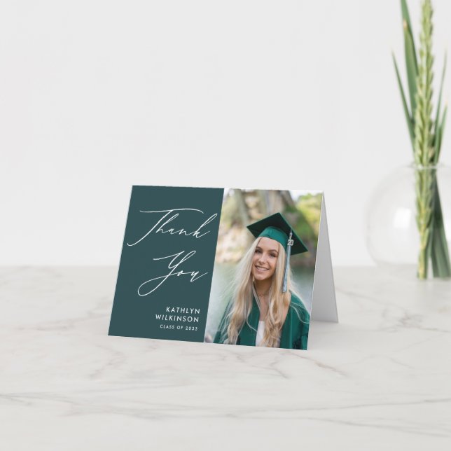 Green Elegant Script Minimalist Photo Graduation Thank You Card (Front)