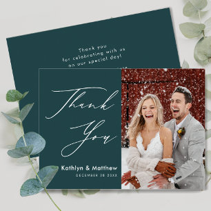 Green Elegant Script Modern Photo Simple Wedding Thank You Card