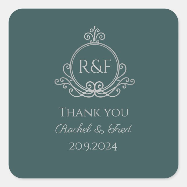 Green Elegant Silver Calligraphy Wedding Thank you Square Sticker (Front)