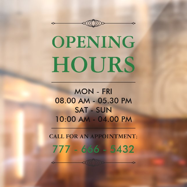 Green Elegant Small Business Opening Hours Number Window Cling (Sheet 2)