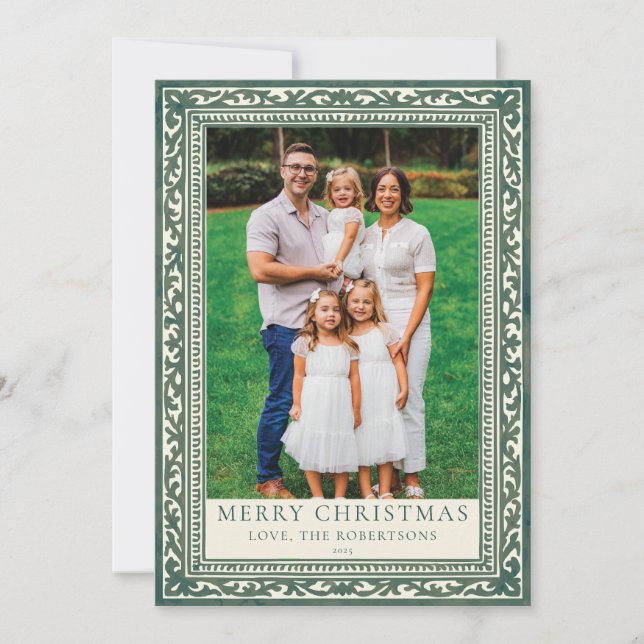 Green Elegant Tile Border Photo Holiday Card (Front)