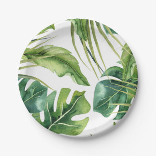 Green Elegant Tropical Summer Palm Leaves Wedding Paper Plate