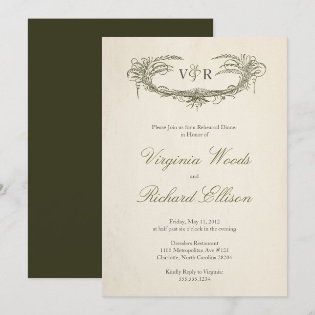 Green Elegant Vintage Flourish Rehearsal Dinner Invitation (Front/Back)