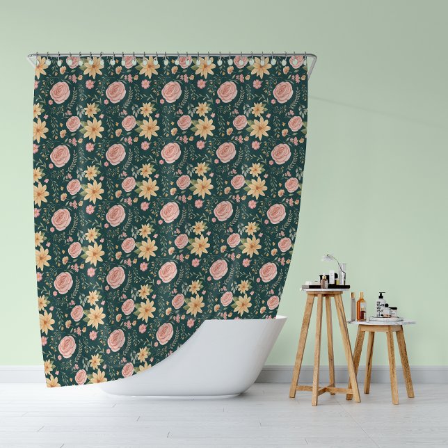 Green Elegant Vintage Wildflower Rose Pattern  Shower Curtain (Green Elegant Vintage Wildflower Rose Pattern Shower Curtain)