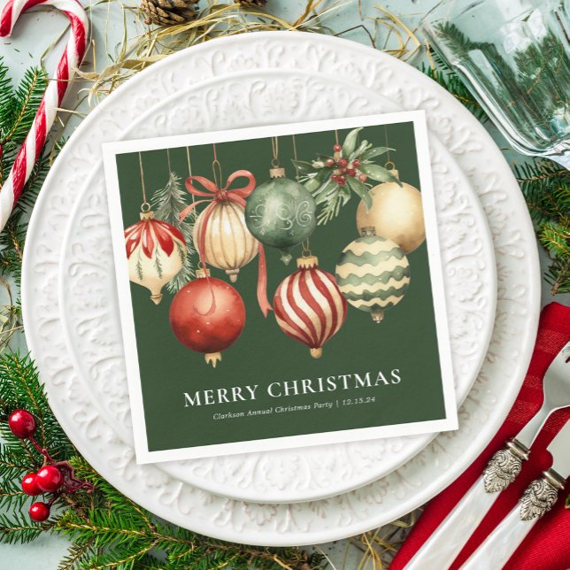 Green Elegant Watercolor Christmas Party Ornaments Napkin (Creator Uploaded)