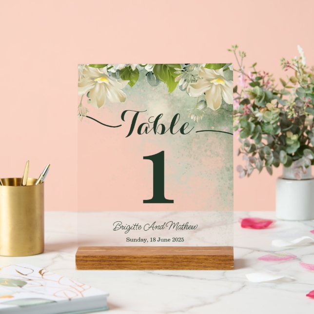 Green Elegant Wedding Table Number Card Acrylic Sign (Wedding)