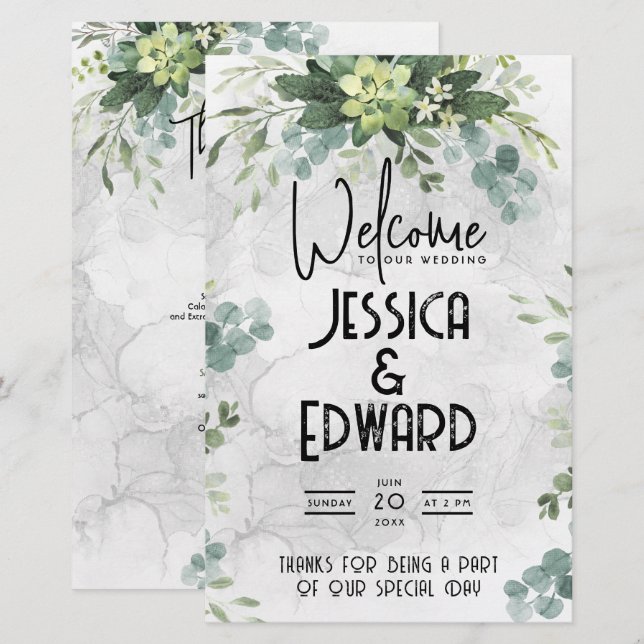 Green Elegant Wedding Watercolor Floral Minimal (Front/Back)