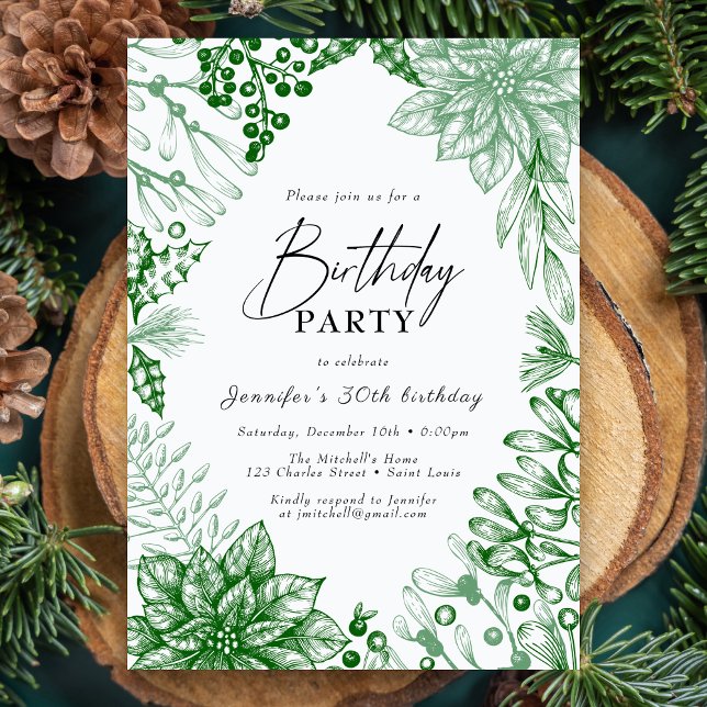 Green Elegant Winter Christmas Birthday Party Invitation (Creator Uploaded)