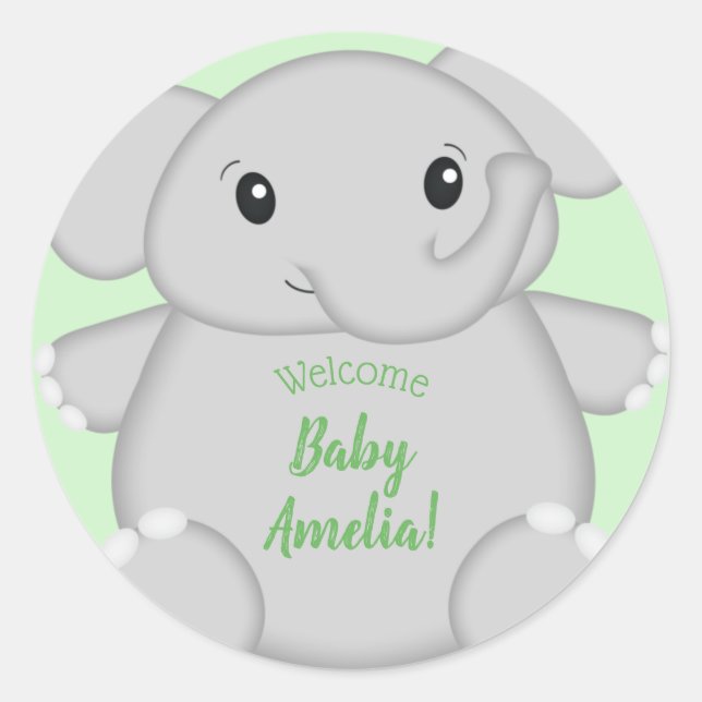 Green Elephant Baby Shower Classic Round Sticker (Front)
