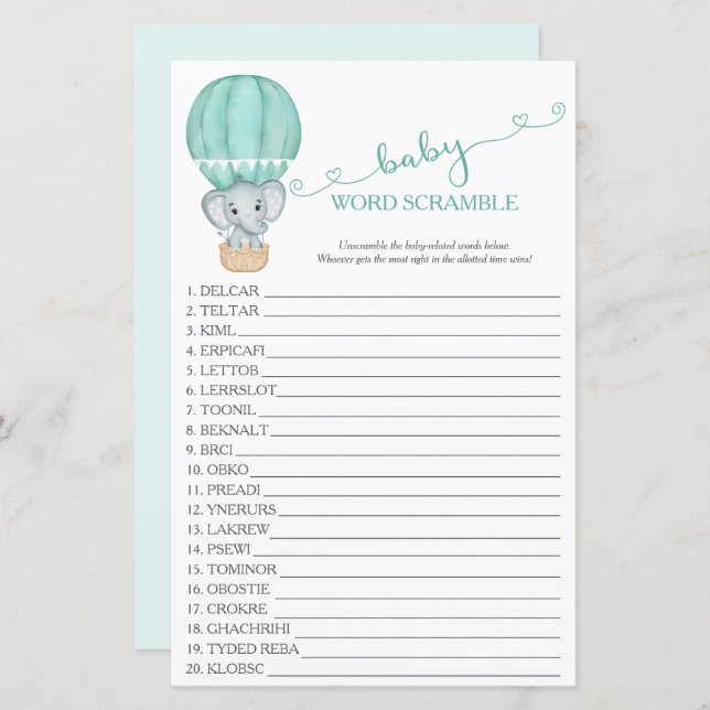 Green Elephant Baby Shower Word Scramble Game (Front/Back)